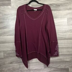 Knox Rose Womens Pullover Sweatshirt Red Embroidered‎ Long Sleeve Top V Neck M